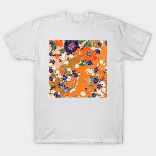 ORANGE BLUE WHITE SPRING FLOWERS IN GOLD YELLOW Antique Japanese Floral T-Shirt